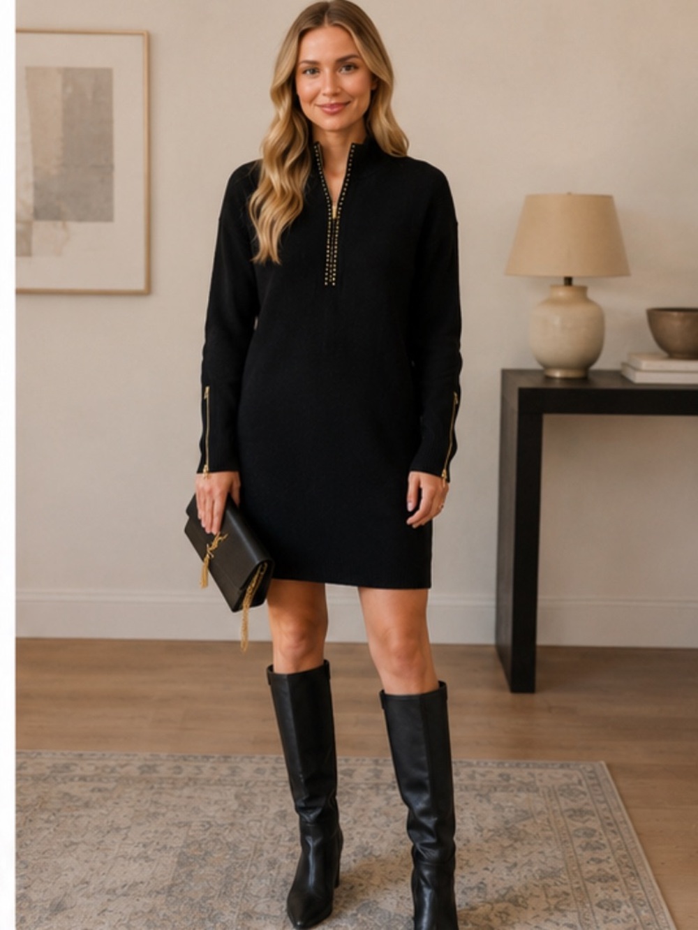 Calvin Klein Black Ribbed Zip‑Front Dress (M)